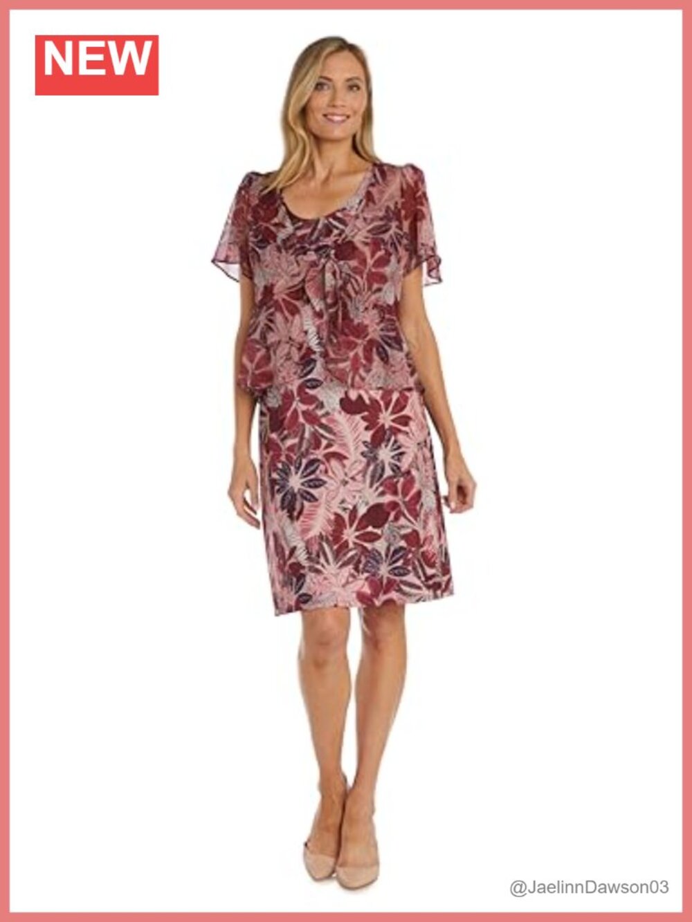 Floral Chiffon Sheath Dress Set Tie-Front Flutter Sleeve Jacket